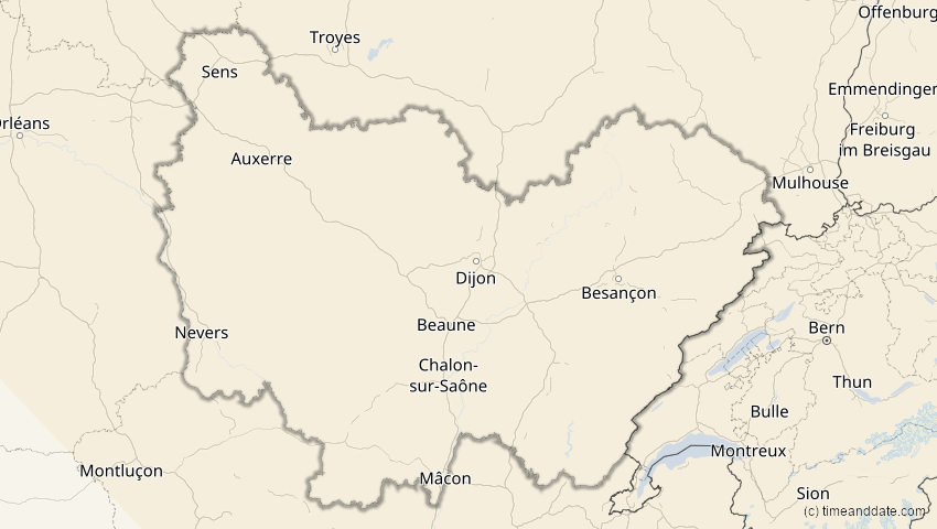 A map of Bourgogne-Franche-Comté, France, showing the path of the Oct 25, 2022 Partial Solar Eclipse