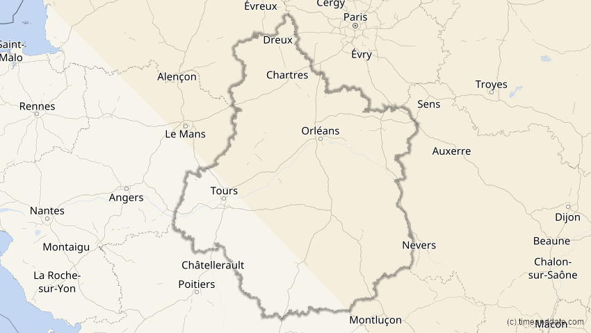 A map of Centre-Val de Loire, France, showing the path of the Oct 25, 2022 Partial Solar Eclipse