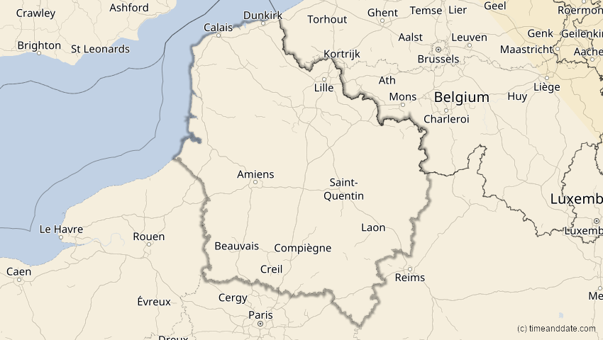 A map of Hauts-de-France, Frankreich, showing the path of the 25. Okt 2022 Partielle Sonnenfinsternis