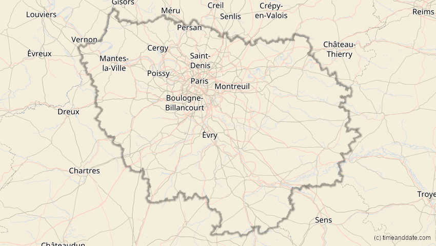 A map of Île-de-France, Frankreich, showing the path of the 25. Okt 2022 Partielle Sonnenfinsternis