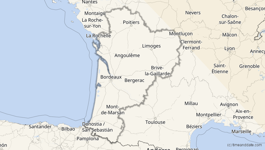 A map of Nouvelle-Aquitaine, Frankreich, showing the path of the 25. Okt 2022 Partielle Sonnenfinsternis