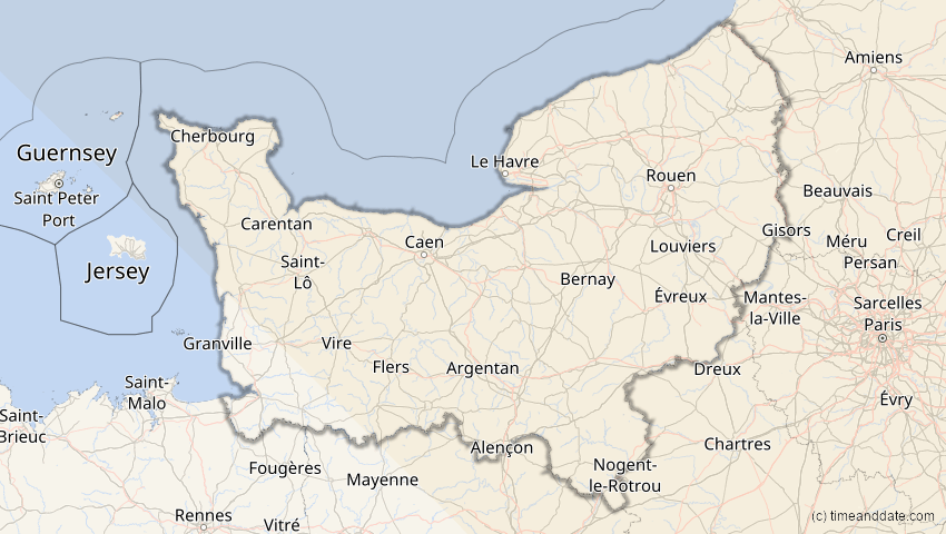 A map of Normandie, France, showing the path of the Oct 25, 2022 Partial Solar Eclipse