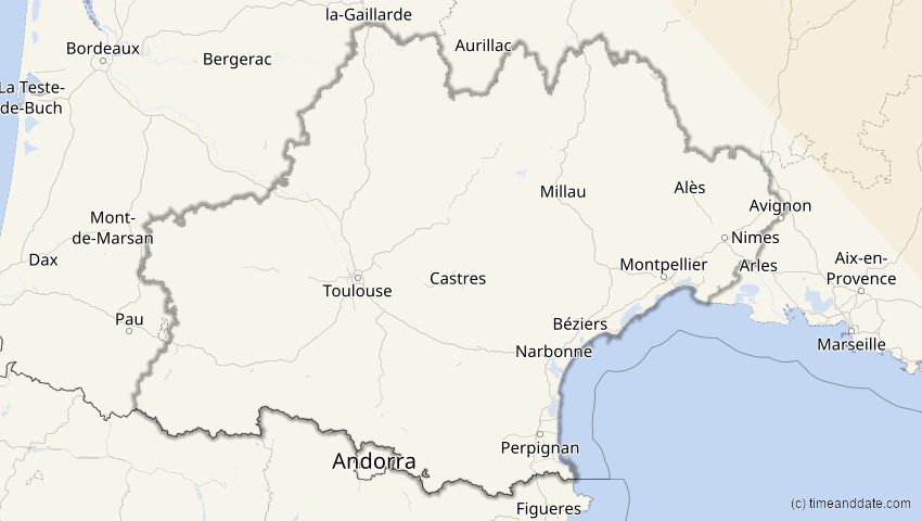 A map of Occitanie, France, showing the path of the Oct 25, 2022 Partial Solar Eclipse