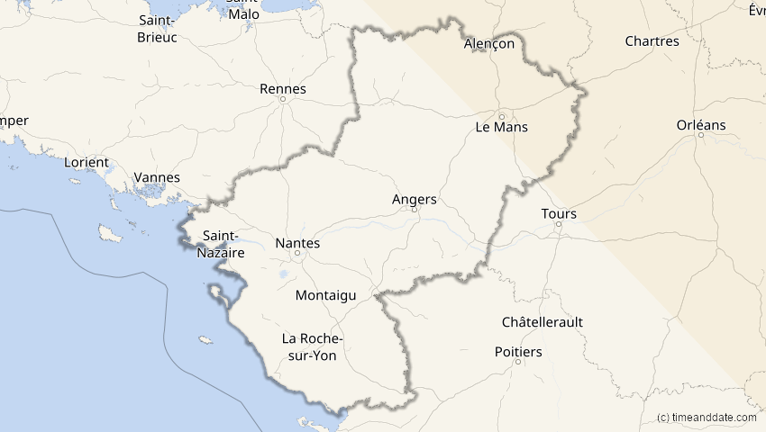 A map of Pays-de-la-Loire, France, showing the path of the Oct 25, 2022 Partial Solar Eclipse