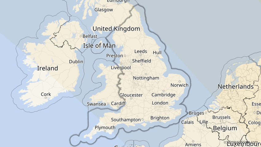 A map of England, United Kingdom, showing the path of the Oct 25, 2022 Partial Solar Eclipse