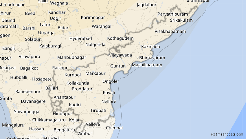 A map of Andhra Pradesh, India, showing the path of the Oct 25, 2022 Partial Solar Eclipse