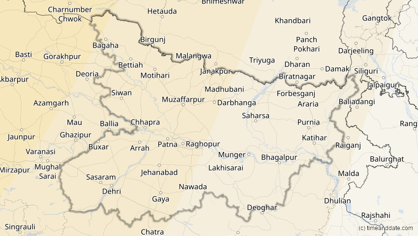 A map of Bihar, Indien, showing the path of the 25. Okt 2022 Partielle Sonnenfinsternis