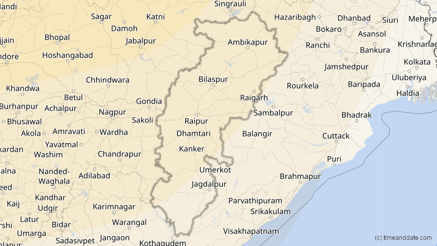 A map of Chhattisgarh, Indien, showing the path of the 25. Okt 2022 Partielle Sonnenfinsternis