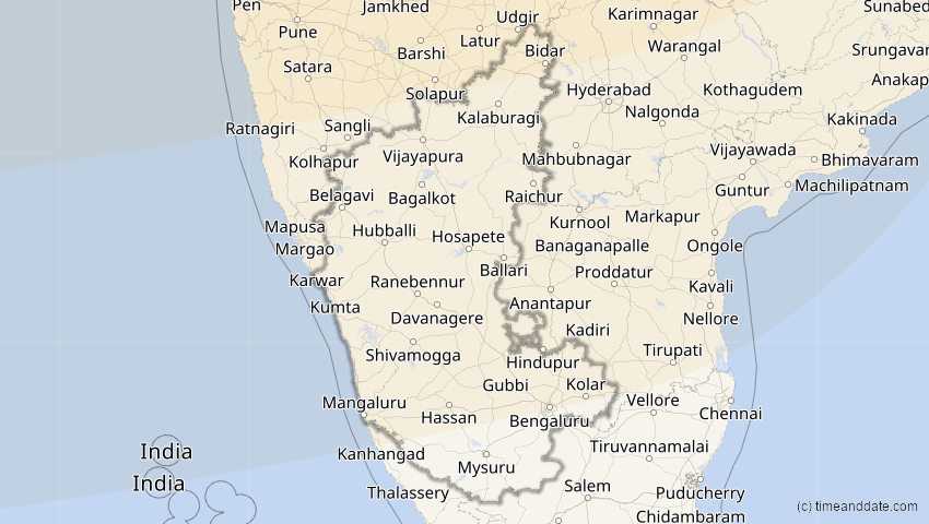 A map of Karnataka, India, showing the path of the Oct 25, 2022 Partial Solar Eclipse