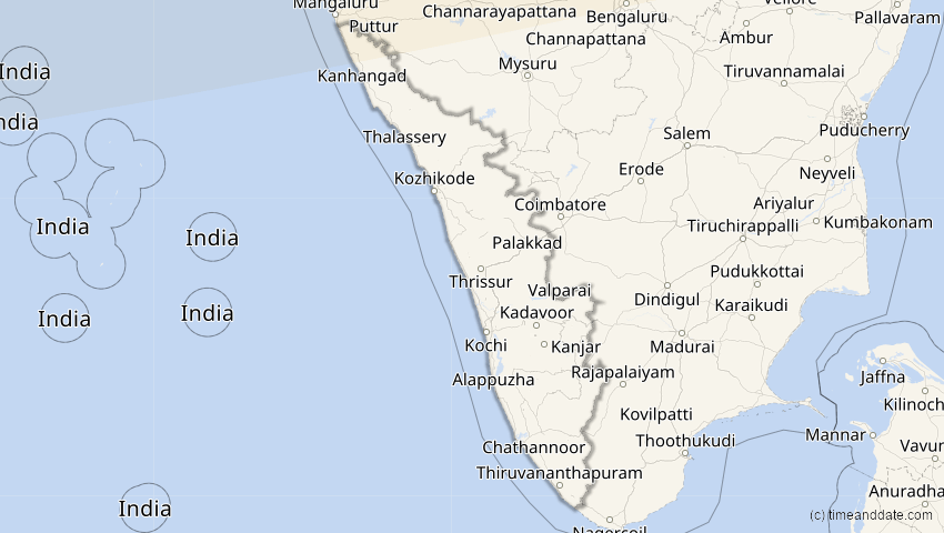 A map of Kerala, India, showing the path of the Oct 25, 2022 Partial Solar Eclipse