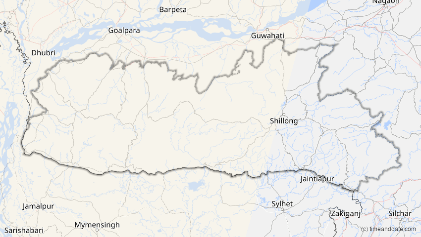 A map of Meghalaya, India, showing the path of the Oct 25, 2022 Partial Solar Eclipse