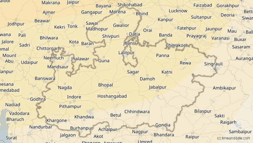 A map of Madhya Pradesh, Indien, showing the path of the 25. Okt 2022 Partielle Sonnenfinsternis