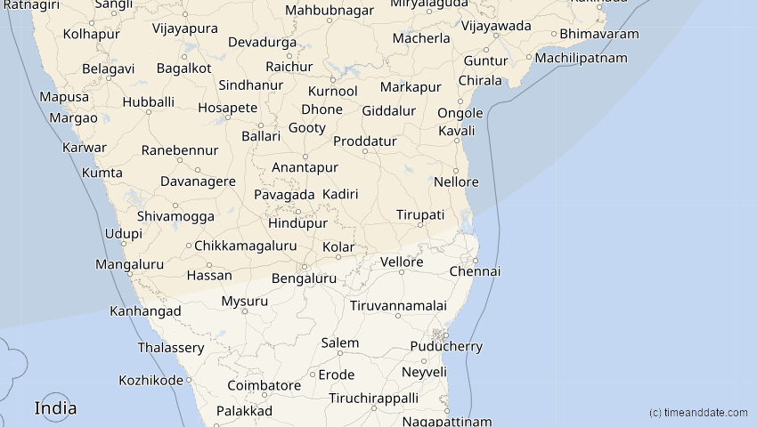 A map of Pondicherry, India, showing the path of the Oct 25, 2022 Partial Solar Eclipse