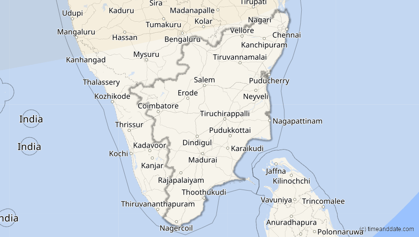 A map of Tamil Nadu, Indien, showing the path of the 25. Okt 2022 Partielle Sonnenfinsternis