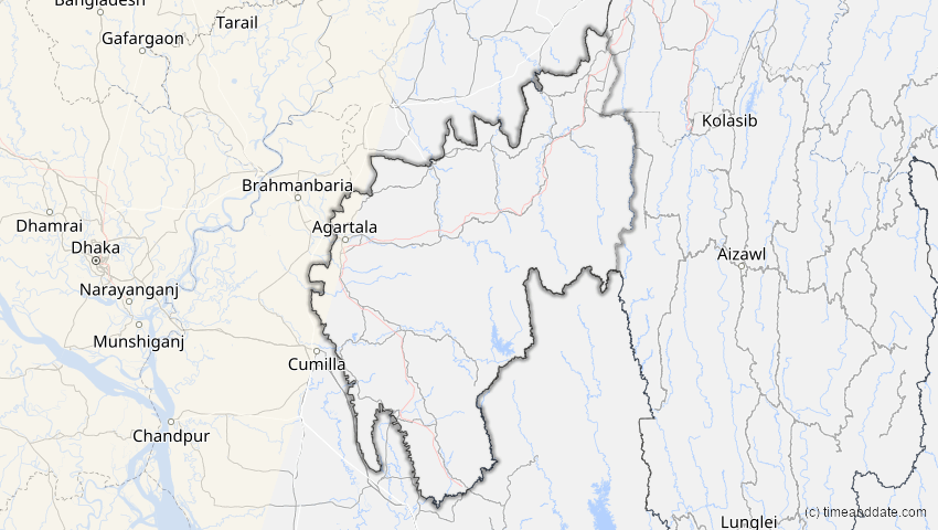 A map of Tripura, India, showing the path of the Oct 25, 2022 Partial Solar Eclipse