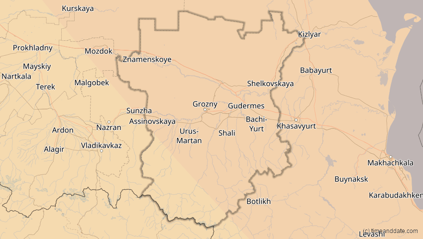 A map of Tschetschenien, Russland, showing the path of the 25. Okt 2022 Partielle Sonnenfinsternis