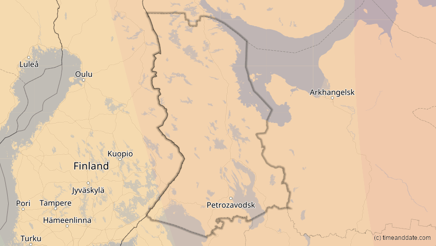 A map of Karelia, Russia, showing the path of the Oct 25, 2022 Partial Solar Eclipse