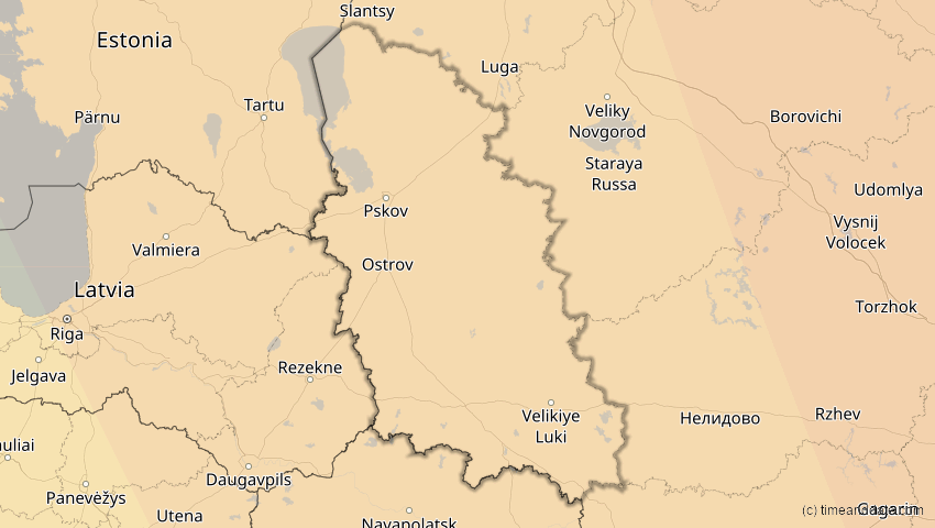 A map of Pskov, Russia, showing the path of the Oct 25, 2022 Partial Solar Eclipse