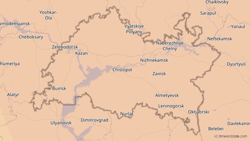 A map of Tatarstan, Russland, showing the path of the 25. Okt 2022 Partielle Sonnenfinsternis
