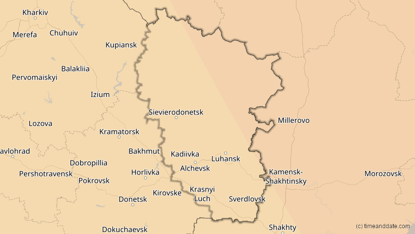 A map of Luhansk, Ukraine, showing the path of the 25. Okt 2022 Partielle Sonnenfinsternis