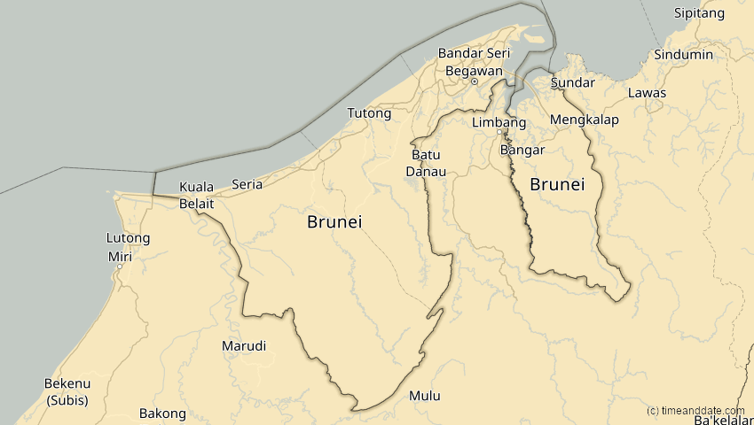 A map of Brunei, showing the path of the Apr 20, 2023 Total Solar Eclipse