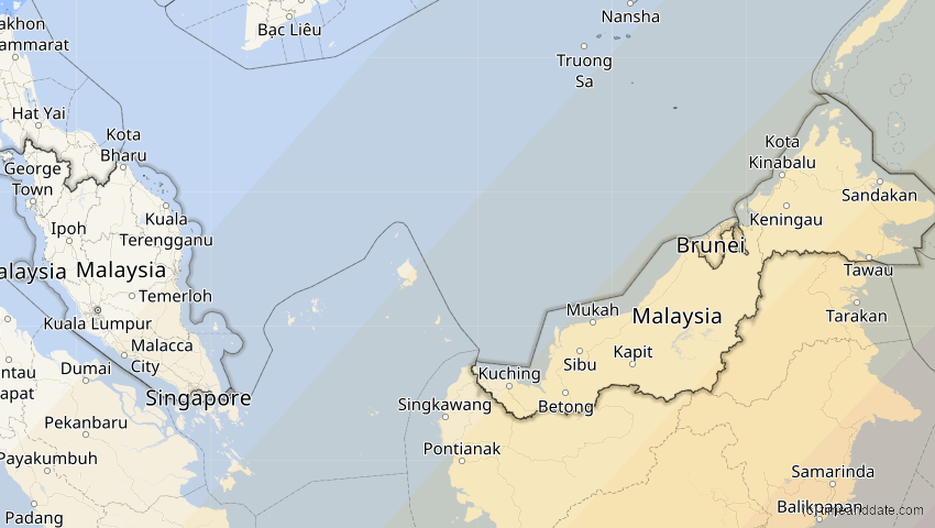 A map of Malaysia, showing the path of the 20. Apr 2023 Totale Sonnenfinsternis