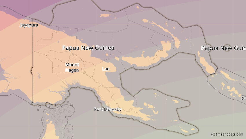 A map of Papua New Guinea, showing the path of the Apr 20, 2023 Total Solar Eclipse