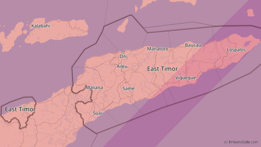 A map of East Timor, showing the path of the Apr 20, 2023 Total Solar Eclipse