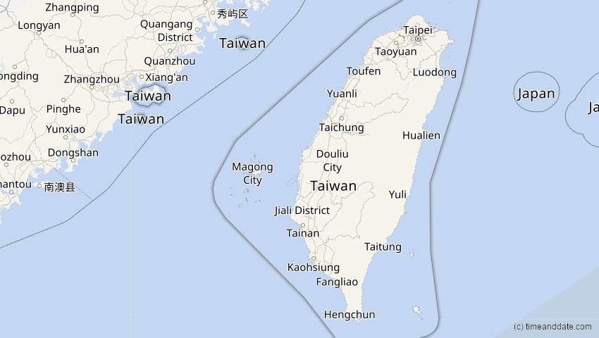 A map of Taiwan, showing the path of the Apr 20, 2023 Total Solar Eclipse