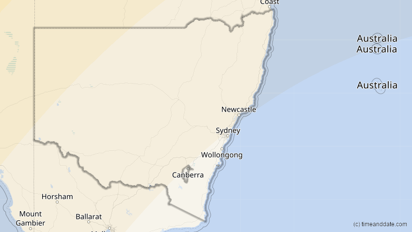 A map of New South Wales, Australien, showing the path of the 20. Apr 2023 Totale Sonnenfinsternis