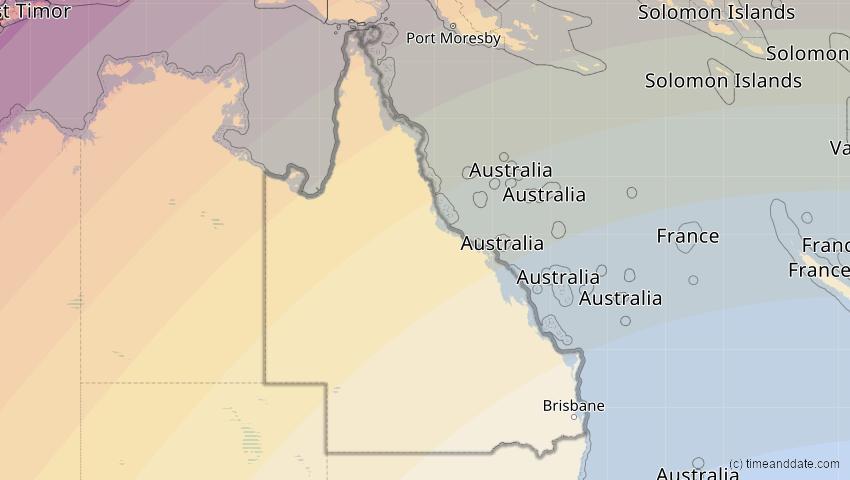 A map of Queensland, Australia, showing the path of the Apr 20, 2023 Total Solar Eclipse
