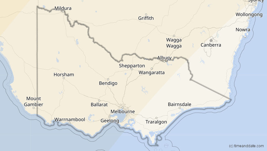 A map of Victoria, Australien, showing the path of the 20. Apr 2023 Totale Sonnenfinsternis