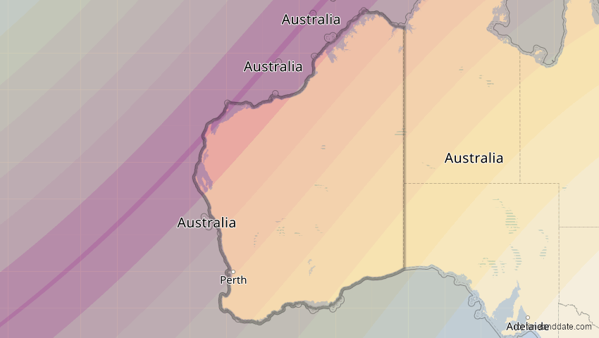 A map of Western Australia, Australia, showing the path of the Apr 20, 2023 Total Solar Eclipse