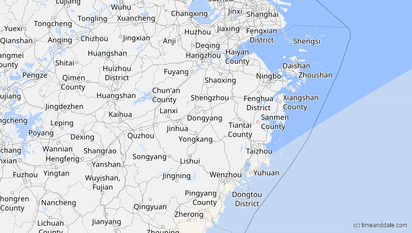 A map of Zhejiang, China, showing the path of the 2023年4月20日 (木) Total Solar Eclipse