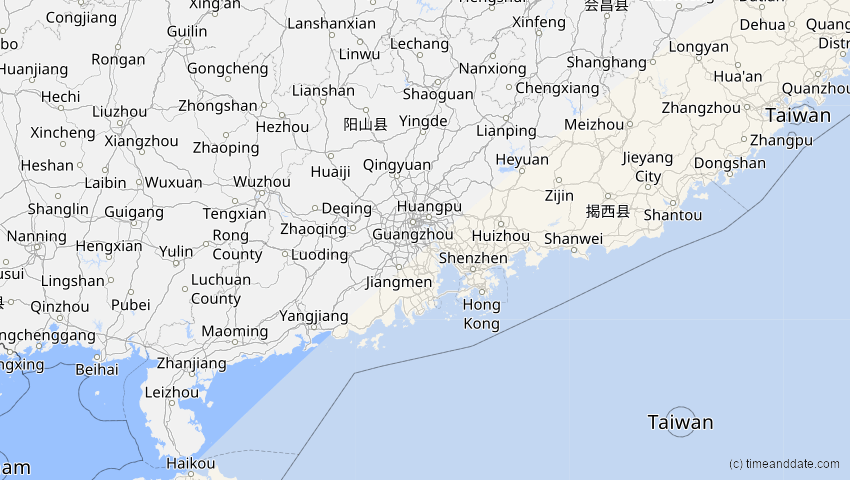 A map of Guangdong, China, showing the path of the Apr 20, 2023 Total Solar Eclipse