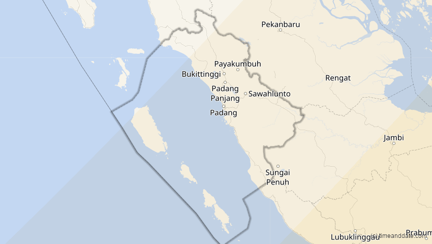 A map of West Sumatra, Indonesia, showing the path of the Apr 20, 2023 Total Solar Eclipse