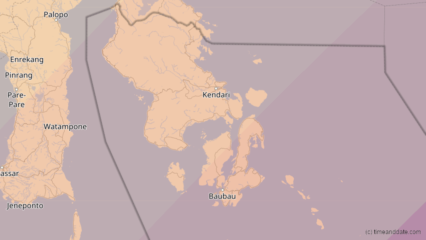 A map of Sulawesi Tenggara, Indonesien, showing the path of the 20. Apr 2023 Totale Sonnenfinsternis