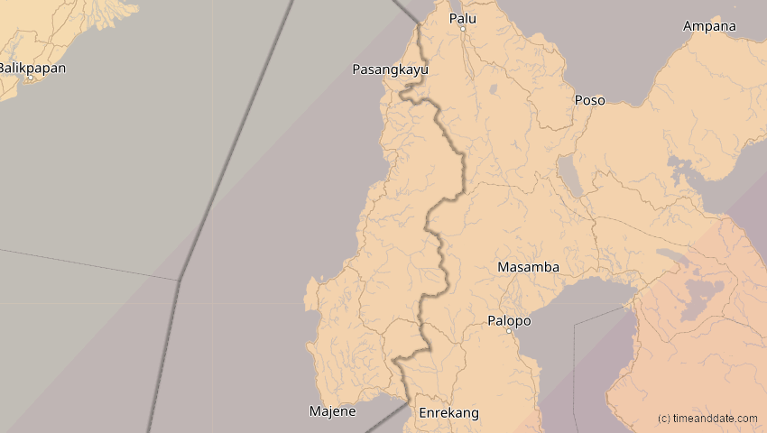 A map of West Sulawesi, Indonesia, showing the path of the Apr 20, 2023 Total Solar Eclipse