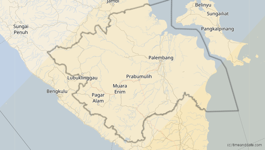 A map of Sumatera Selatan, Indonesien, showing the path of the 20. Apr 2023 Totale Sonnenfinsternis