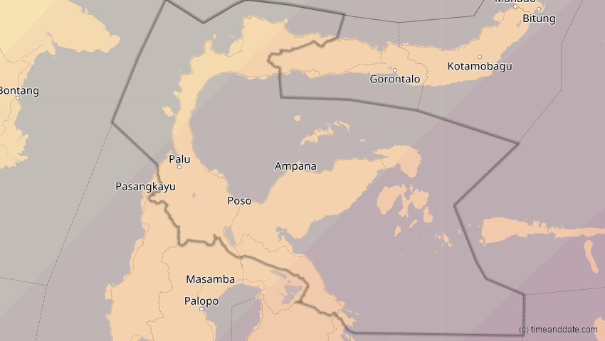 A map of Central Sulawesi, Indonesia, showing the path of the Apr 20, 2023 Total Solar Eclipse