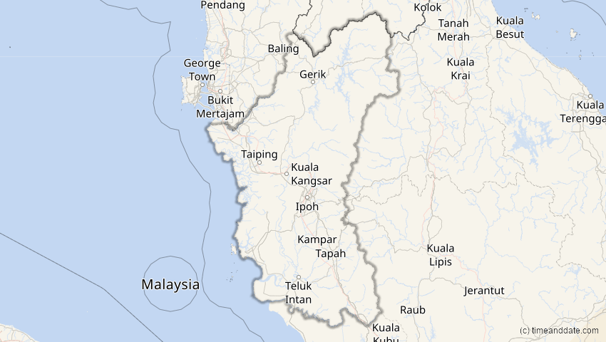 A map of Perak, Malaysia, showing the path of the 20. Apr 2023 Totale Sonnenfinsternis