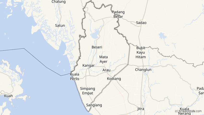 A map of Perlis, Malaysia, showing the path of the 2023年4月20日 (木) Total Solar Eclipse