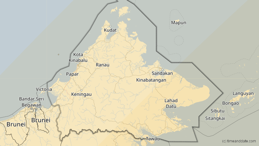 A map of Sabah, Malaysia, showing the path of the 20. Apr 2023 Totale Sonnenfinsternis