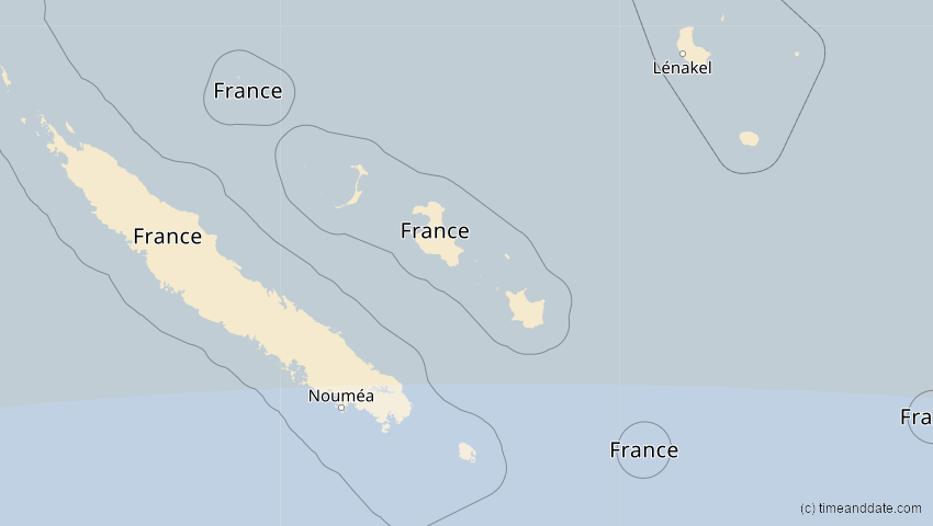 A map of New Caledonia, France, showing the path of the Apr 20, 2023 Total Solar Eclipse