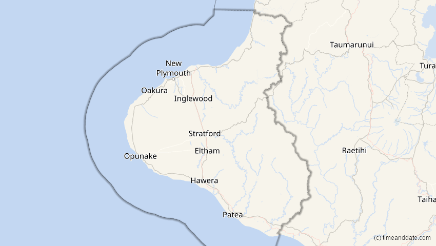 A map of Taranaki, New Zealand, showing the path of the 2023年4月20日 (木) Total Solar Eclipse