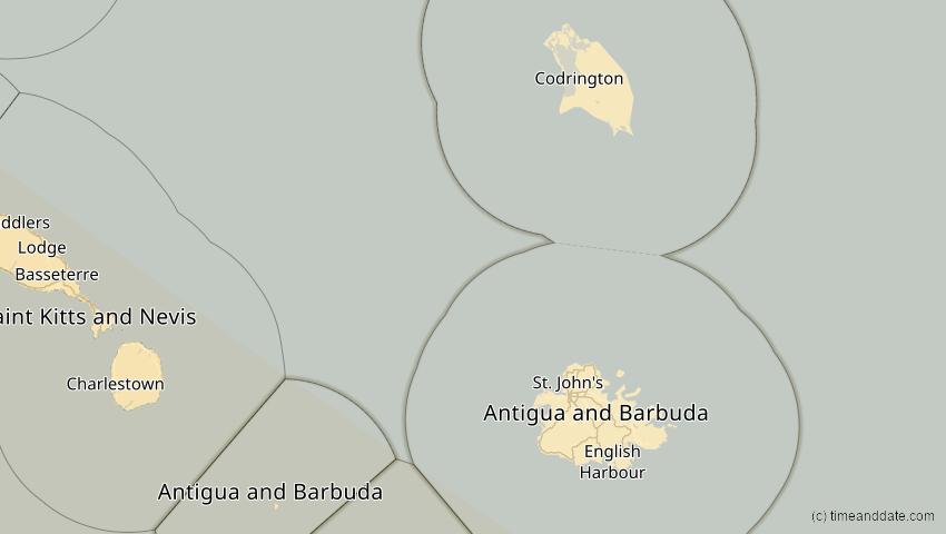 A map of Antigua and Barbuda, showing the path of the Oct 14, 2023 Annular Solar Eclipse