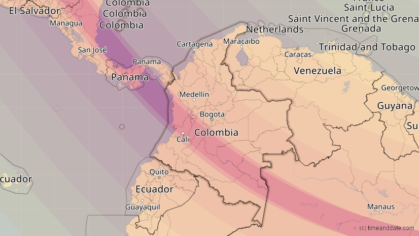 A map of Colombia, showing the path of the Oct 14, 2023 Annular Solar Eclipse