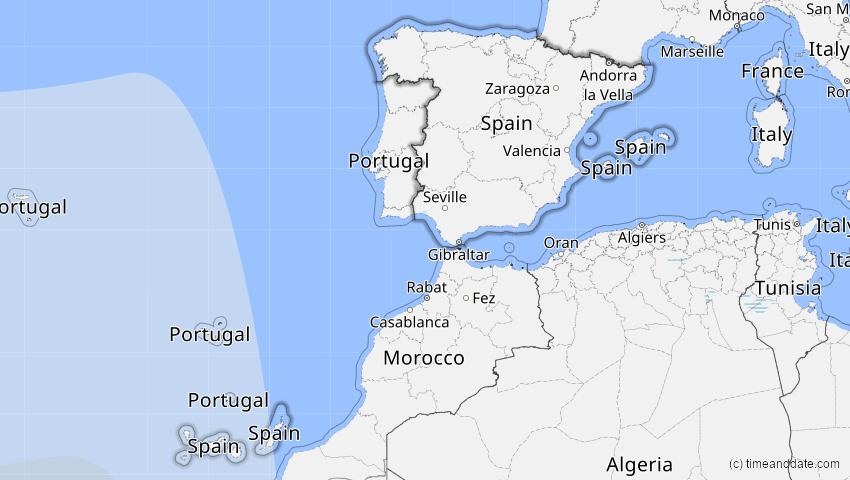 A map of Spain, showing the path of the Oct 14, 2023 Annular Solar Eclipse