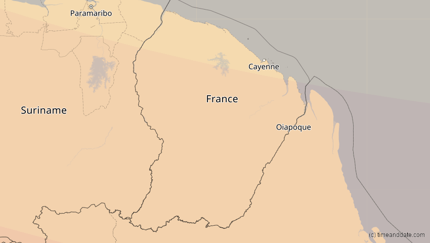 A map of French Guiana, showing the path of the Oct 14, 2023 Annular Solar Eclipse