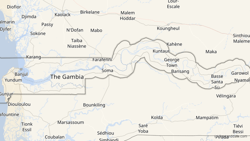 A map of Gambia, showing the path of the Oct 14, 2023 Annular Solar Eclipse
